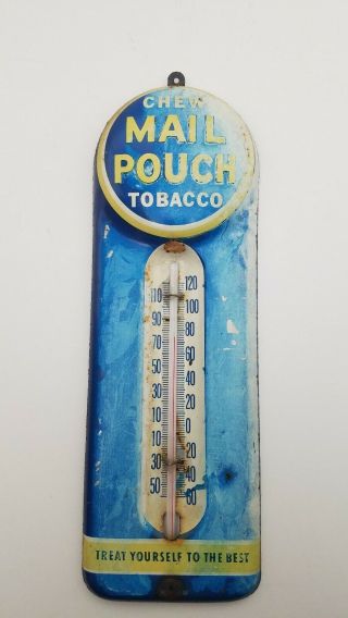 Vintage Mail Pouch Chew Tobacco Tin Lithograph Thermometer Sign