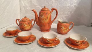Vintage Victora China Hand Painted Dragon 12 Pc.  Tea Set Orange Gold