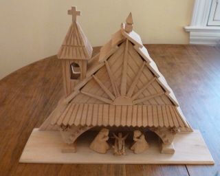 Vintage Creche Nativity Hand Made Carved Wood Poland Barn