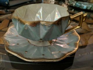 Vtg Royal Sealy China Lusterware Teacup Sauc Teal Blue Gold3 Footed Iridescent