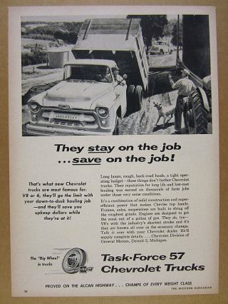1957 Chevrolet Chevy Task - Force Dump Truck Illustration Art Vintage Print Ad