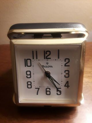 Vintage Bulova Wind Up Travel Alarm Clock Black Clamshell Case Made In Japan