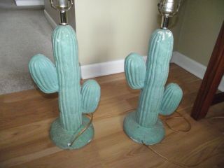 Pair 2 Vintage Mid Century Chalkware Plaster Cactus Table Lamps Saguaro Cactus