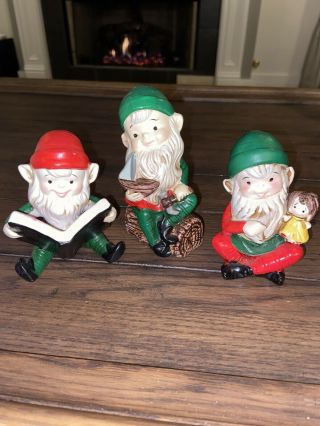 Vintage Homco Christmas Elf Set Of 3 Porcelain Figurines