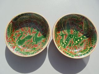 2 Antique Vintage Mexican Pottery Tlaquepaque Fantasia Bowls 6 1/2 " Antelopes