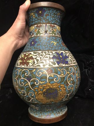 Vintage Large Heavy Bulbous Chinese Cloisonne Vase Lotus Flower