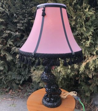 Vintage Mid Century Pink Shade & Black Pottery Poodle Table Lamp Mcm Dog