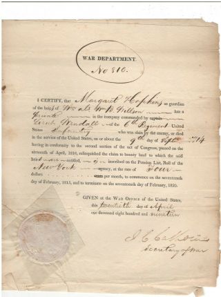 Partly Printed Document Signed By John C.  Calhoun In 1819 W/coa