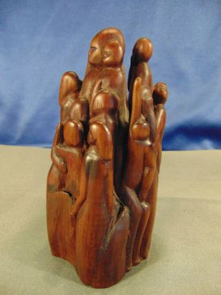 Antique Hand Carved Wood People Group Medium Tone Coloring 5 1/4 " Signed Art