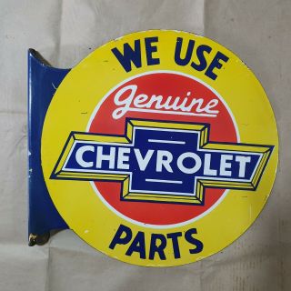 Chevrolet Parts 2 Sided Vintage Porcelain Sign 18 X 17 Inches Flange