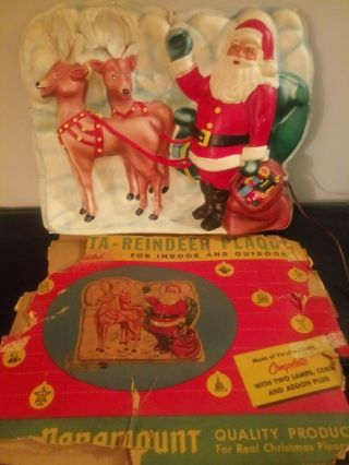Vintage Santa,  Reindeer Light Up Flat Back Blow Mold Rare Xmas Paramount