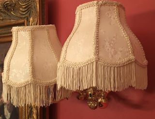 Set Of 2 Vintage Victorian Style Lamp Shades Ivory Cream Brocade W/fringe