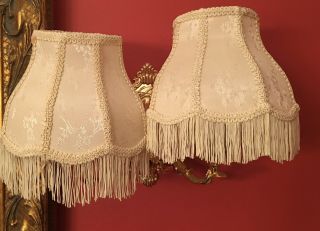 Set Of 2 Vintage Victorian Style Lamp Shades Ivory Cream Brocade w/Fringe 3
