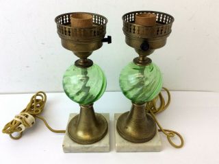 Vintage Pair Green Depression Glass Marble Base End Table Swirl Pattern Lamps