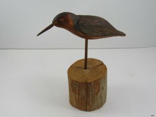 Vintage Hand Carved Wood Sandpiper Bird On Log Stand : Marked A 1984
