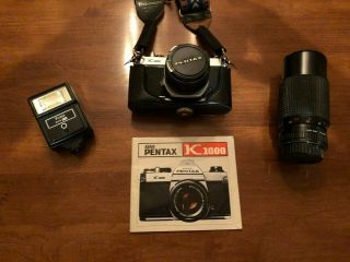 Pentax K1000 35mm Slr Vintage Film Camera,  Regular And Zoom Lens And Flash