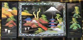 Vintage Japanese Black Lacquer Jewelry Music Box Japan Landscape Fuji Inlay