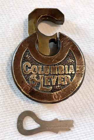 Rare Antique/vintage Columbia 6 Lever Padlock (pancake) Lock With Key
