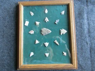 Native American Arrowheads,  15 - Ct Set,  Collector Mounted & Framed Set,  Chi K - 241