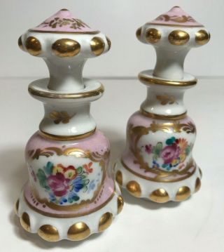 2 Antique French Porcelain Perfume Bottles Hand Painted Pink Flowers Gold Signed