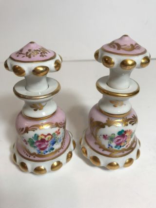 2 Antique French Porcelain Perfume Bottles Hand Painted Pink Flowers Gold Signed 2