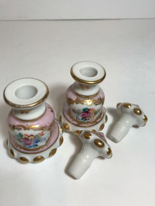 2 Antique French Porcelain Perfume Bottles Hand Painted Pink Flowers Gold Signed 3