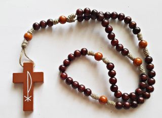 Vintage Authentic Wood Beads Catholic Rosary With Wood Cross Hristogram