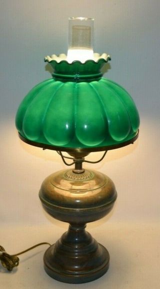 Vintage Hurricane Parlor Table Lamp With Green Glass Shade And Chimney 22.  5 " Tall
