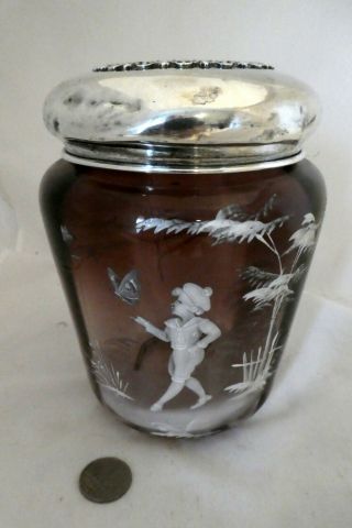 Antique Mary Gregory Amethyst Jar With Silver Lid