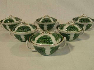 Set 6 Antique Chinese Export Porcelain Green Fitzhugh Covered Soup Cups / Bowls