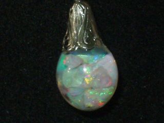 Vintage Floating Mintabe Opal Sterling Silver Necklace Pendant Fire Snow Globe
