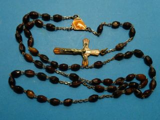 Antique Rosary Brown Glass Beads // Brown Enamel Center Medal,  Crucifix