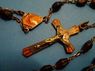 antique ROSARY brown GLASS beads // BROWN enamel CENTER MEDAL,  crucifix 3