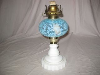 Rare Blue Antique Glass Kerosene Oil Lamp With A Milk Glass Base Atterbury? Lqqk