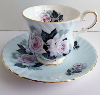 Vintage Elizabethan Blue Teacup Saucer Pink Roses England Rare Color Swirl
