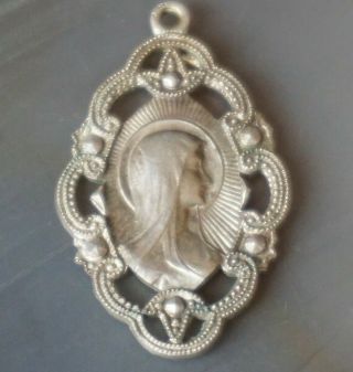 Early Holy Mother Virgin Mary Silver Chatelaine Charm Necklace Chain Fob Pendant