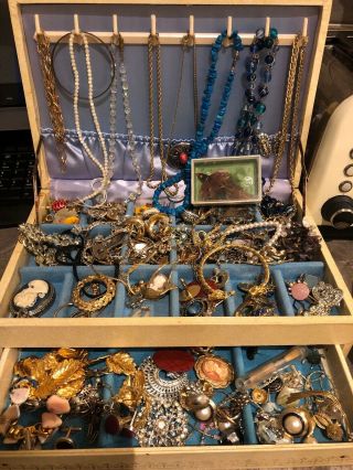 Large Vintage Jewellery Box Full Of Vintage Jewellery And Odds