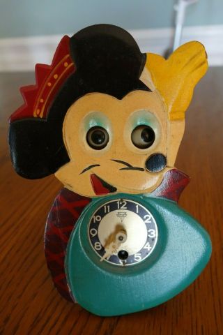 Antique Vintage Mickey Mouse Key Wind Wood Clock Google Eyes Walt Disney 60 