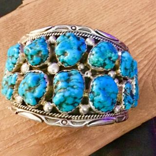 Huge Vintage Sterling Navajo Chunky Turquoise Cuff,  Signed T,  100 G