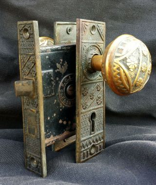 Antique Vintage Eastlake Solid Cast Bronze Interior Door Lockset Knob Plate Lock