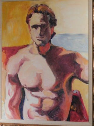 Vintage Modern Oil Painting Bare Chest Semi Nude Male Man Shirtless Beefcake 70s