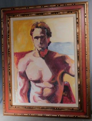 Vintage Modern Oil Painting Bare Chest Semi Nude Male Man Shirtless Beefcake 70s 2