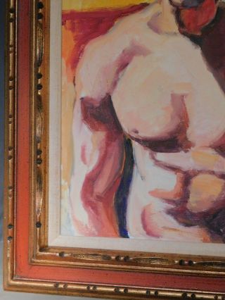 Vintage Modern Oil Painting Bare Chest Semi Nude Male Man Shirtless Beefcake 70s 3