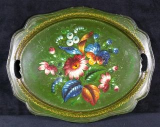 Vintage Russian Metal Tray Tole Painted Floral & Gold On Forest Green 13.  7x11 Vg