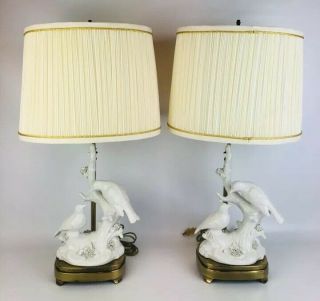 Pair Vintage Paul Hanson Ceramic & Brass Bird Lamp Hollywood Regency Mid Century