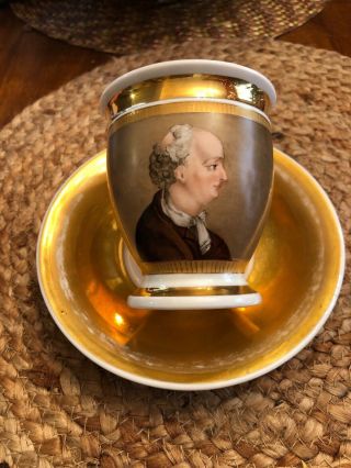 Antique European Hand Painted Portrait Bust Gold Gilt Porcelain Tea Cup Saucer