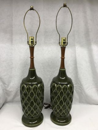 Vintage Mid Century Modern Pair Green Drip Glaze Ceramic & Teak Lamps Mcm