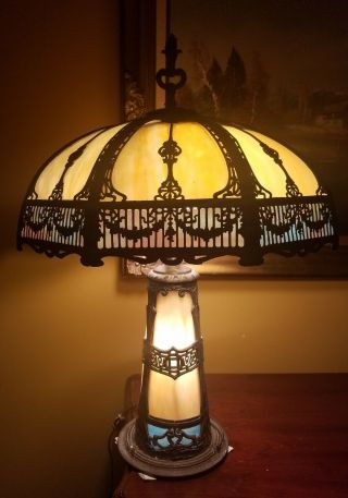 Arts & Crafts,  Nouveau,  B&h,  Handel Era Lighthouse Slag Glass Lamp