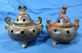 Vintage 2 Chinese Porcelain Incense Burner Pot With Lid Very Old