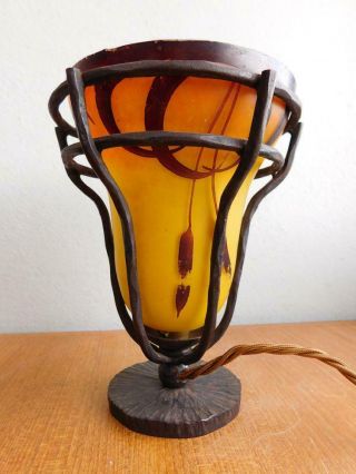 Rare Arts & Crafts Wrought Iron & Enamelled Glass Lamp 1900s